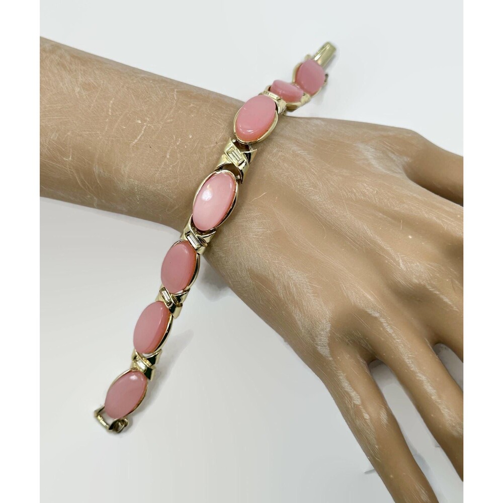 Vintage Moonglow Lucite Bracelet: Pink Thermoset, Gold Tone, 50s MCM